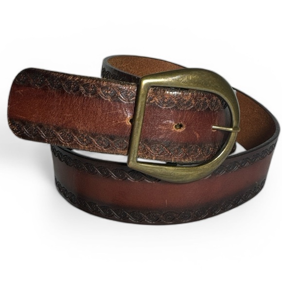 none Other - Western Style -Hand Stained Steerhide Leather - Brown Men's Belt - Size 34/36